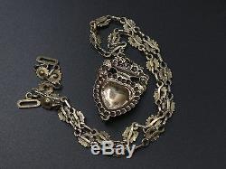 Rare Old Regional Necklace In Sterling Silver Vermeil And Jet Heart Pendant