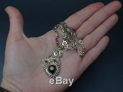 Rare Old Regional Necklace In Sterling Silver Vermeil And Jet Heart Pendant