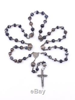 Rare Old Rosary In Sterling Silver And Agate Ribbon Cross Reliquary XIX