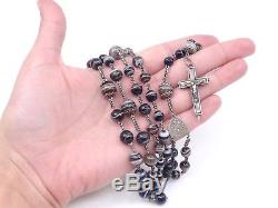 Rare Old Rosary In Sterling Silver And Agate Ribbon Cross Reliquary XIX
