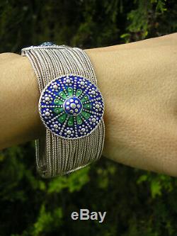 Rare! Superb Old Bracelet In Solid Silver And Enamel 65 Gr