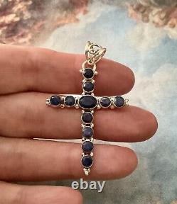 Real Blue Sapphire, Solid Silver, Large Ancient Cross