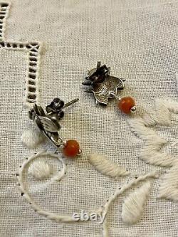 Real Solid Silver Coral, Antique Earrings