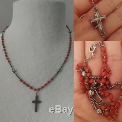 Rosary Ancient Coral Faceted Sterling Silver Beautiful Cross