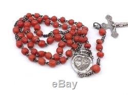 Rosary Old Solid Silver And Red Coral Beads XIX