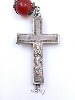 Rosary Old Solid Silver Beads And Molten Glass Reliquary Cross XIX
