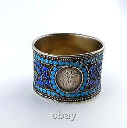 Round Russian antique silver napkin ring 84 cloisonné enamels