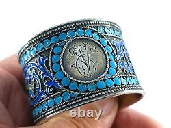 Round Russian antique silver napkin ring 84 cloisonné enamels