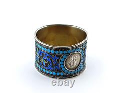 Round Russian antique silver napkin ring 84 cloisonné enamels