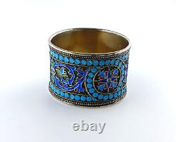 Round Russian antique silver napkin ring 84 cloisonné enamels