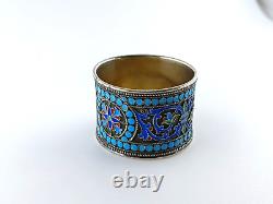 Round Russian antique silver napkin ring 84 cloisonné enamels