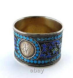 Round Russian antique silver napkin ring 84 cloisonné enamels