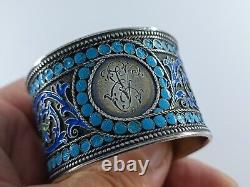 Round Russian antique silver napkin ring 84 cloisonné enamels