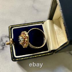 Rubis Topaz Blue/white Ancient Ring Vermeil Gold/silver Massif 55