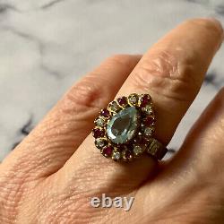 Rubis Topaz Blue/white Ancient Ring Vermeil Gold/silver Massif 55