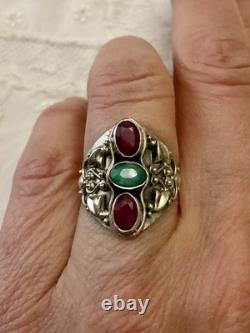 Ruby, Emerald, Ornately Worked Sterling Silver, Beautiful Marquise Antique Ring