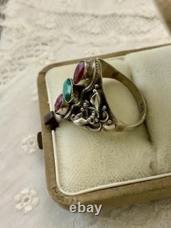 Ruby, Emerald, Ornately Worked Sterling Silver, Beautiful Marquise Antique Ring