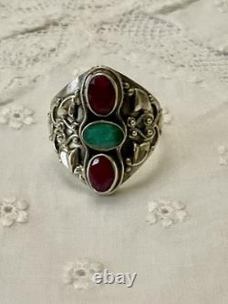 Ruby, Emerald, Ornately Worked Sterling Silver, Beautiful Marquise Antique Ring