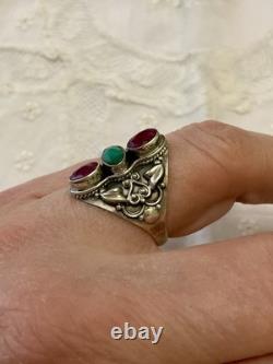 Ruby, Emerald, Ornately Worked Sterling Silver, Beautiful Marquise Antique Ring