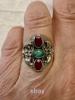 Ruby, Emerald, Ornately Worked Sterling Silver, Beautiful Marquise Antique Ring