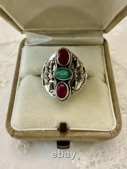 Ruby, Emerald, Ornately Worked Sterling Silver, Beautiful Marquise Antique Ring Ruby, Emerald, Ornately Worked Sterling Silver, Beautiful Marquise Antique Ring