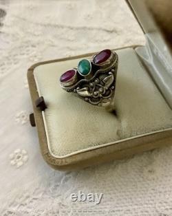 Ruby, Emerald, Ornately Worked Sterling Silver, Beautiful Marquise Antique Ring