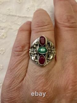Ruby, Emerald, Ornately Worked Sterling Silver, Beautiful Marquise Antique Ring
