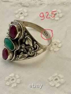 Ruby, Emerald, Ornately Worked Sterling Silver, Beautiful Marquise Antique Ring