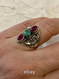 Ruby, Emerald, Ornately Worked Sterling Silver, Beautiful Marquise Antique Ring