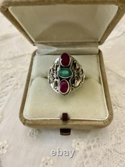 Ruby, Emerald, Ornately Worked Sterling Silver, Beautiful Marquise Antique Ring Ruby, Emerald, Ornately Worked Sterling Silver, Beautiful Marquise Antique Ring