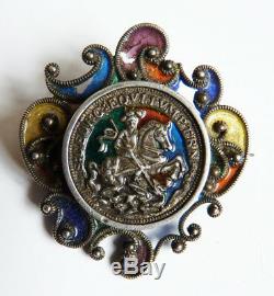Saint Georges Antique Brooch In Solid Silver And Enamel Silver Enamel Brooch