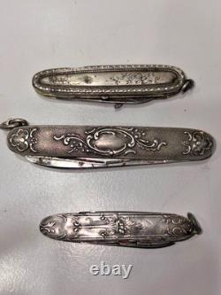 Set of 3 Antique Folding Pocket Knives in Solid Silver – Floral Decoration, 83.84 g