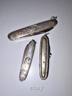 Set of 3 Antique Folding Pocket Knives in Solid Silver – Floral Decoration, 83.84 g