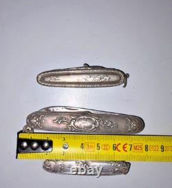 Set of 3 Antique Folding Pocket Knives in Solid Silver – Floral Decoration, 83.84 g
