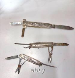 Set of 3 Antique Folding Pocket Knives in Solid Silver – Floral Decoration, 83.84 g