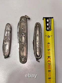 Set of 3 Antique Folding Pocket Knives in Solid Silver – Floral Decoration, 83.84 g