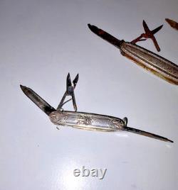 Set of 3 Antique Folding Pocket Knives in Solid Silver – Floral Decoration, 83.84 g