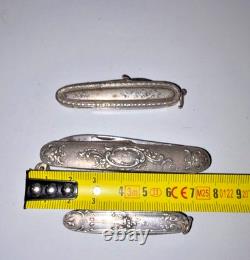 Set of 3 Antique Folding Pocket Knives in Solid Silver – Floral Decoration, 83.84 g