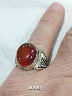 Signet Ring for Men Antique Solid Silver 925 with Agate Stone Jewelry Size 63