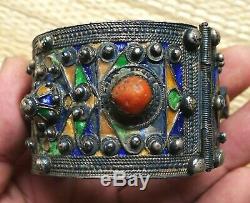 Silver Bracelet Old Coral Email Morocco Moroccan Berber Antique Silver Bangle