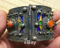 Silver Bracelet Old Coral Email Morocco Moroccan Berber Antique Silver Bangle