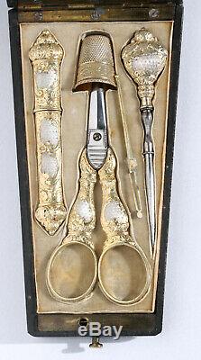 Silver Gilt Gold Old Sewing Kit Scissors Marquetry Cabinet Case