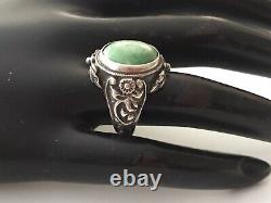 Silver Ring Massive Turquoise Ancient Antique Floral 19th Size 54.5 Poinçon