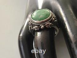 Silver Ring Massive Turquoise Ancient Antique Floral 19th Size 54.5 Poinçon