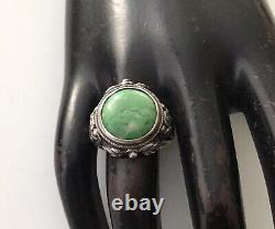 Silver Ring Massive Turquoise Ancient Antique Floral 19th Size 54.5 Poinçon