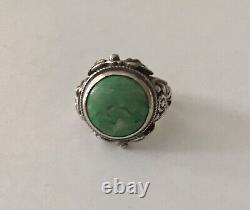 Silver Ring Massive Turquoise Ancient Antique Floral 19th Size 54.5 Poinçon