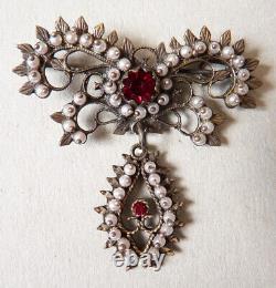 Silver brooch with pearls and red stone antique jewelry