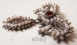 Silver brooch with pearls and red stone antique jewelry