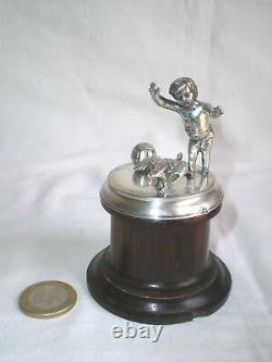 Small Old Sculpture On Socle Child And Goose In Silver Massive
