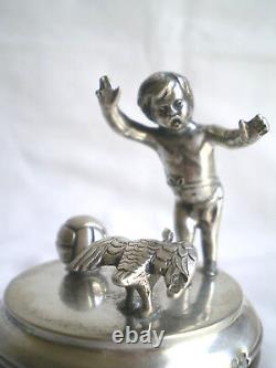 Small Old Sculpture On Socle Child And Goose In Silver Massive